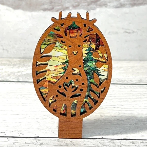 Handcrafted Wood Deer Night Light Stained Glass Style Forest LED Wall Plug-In - Picture 3 of 8